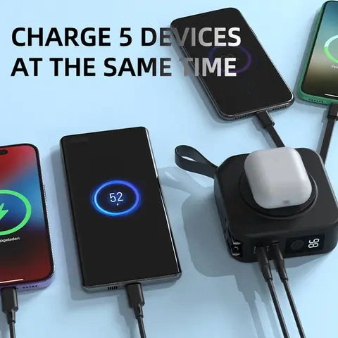 5 in 1 fast charging portable travel powerbank with 10000MAH and 2 in built cables