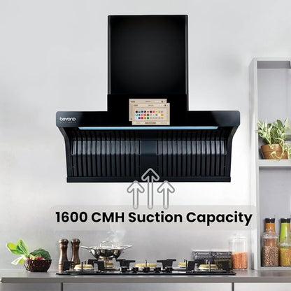 Beyond Appliances Orion 90cm 1600m³/hr Kitchen Chimney with Smart Screen and Speaker, Baffle Filter, Auto-Clean, 10 Years on Motor & 2 Years Comprehensive Warranty by Beyond (Touch Control, Black)