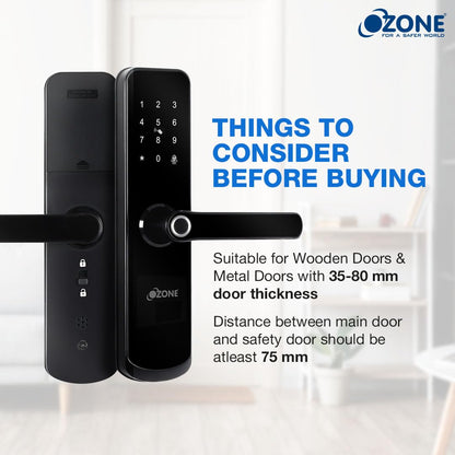 Ozone Smart Wi-Fi Door Lock, 5 Way Access: App Unlocked, Fingerprint, RFID, Emergency Key, 35-80mm Door Thickness, Free Installation, 2 Year Warranty