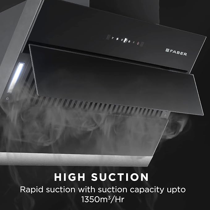 Faber Bliss 90cm 1350m³/hr Filterless Kitchen Chimney | Slant Body | Autoclean Alarm|Moodlight | Touch&Gesture | 12Yr on Motor,2Yr Comprehensive Warranty by Faber | Hood Bliss FL SC HC BK IN 90, Black