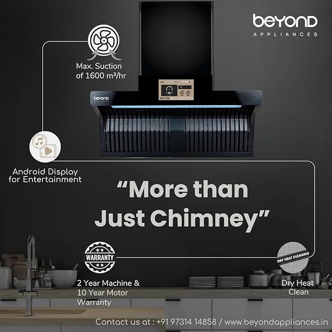 Beyond Appliances Orion 90cm 1600m³/hr Kitchen Chimney with Smart Screen and Speaker, Baffle Filter, Auto-Clean, 10 Years on Motor & 2 Years Comprehensive Warranty by Beyond (Touch Control, Black)