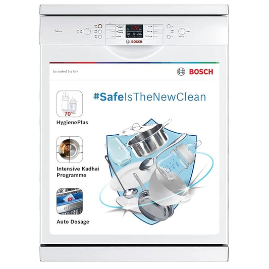 Bosch 13 Place Settings, Free Standing Dishwasher (SMS66GW01I, White), extra dry and hygienic wash