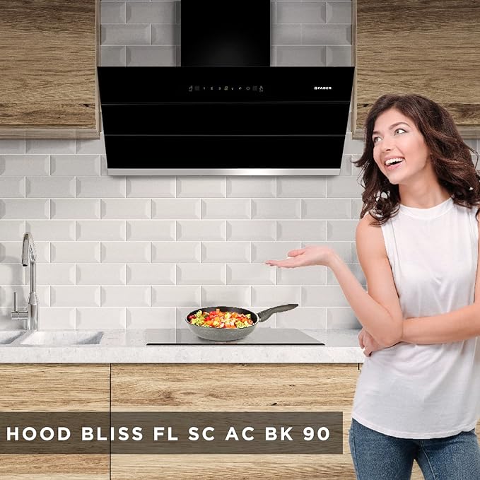 Faber Bliss 90cm 1350m³/hr Filterless Kitchen Chimney | Slant Body | Autoclean Alarm|Moodlight | Touch&Gesture | 12Yr on Motor,2Yr Comprehensive Warranty by Faber | Hood Bliss FL SC HC BK IN 90, Black