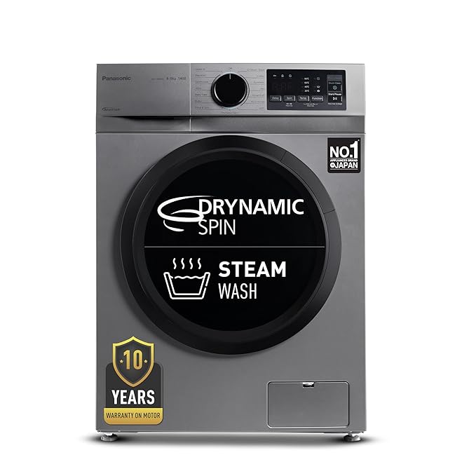 Panasonic 8 kg 5 Star Inverter Fully Automatic Front Loading Washing Machine (NA-148MH2L01, 2024 Model, Dark Silver, Steam, Drynamic Spin)