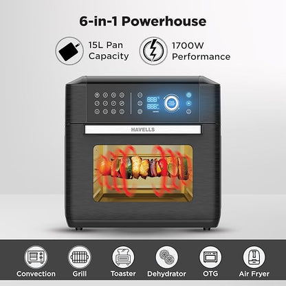 Havells Air-Oven Avanza 1700W | 15L Family Capacity | 14 Pre-Set Functions | Sensor Touch Control | Non-Stick Coating | Auto Shut-Off & Cool-Touch Handle | 2 Years Manufacturer Warranty (Black)