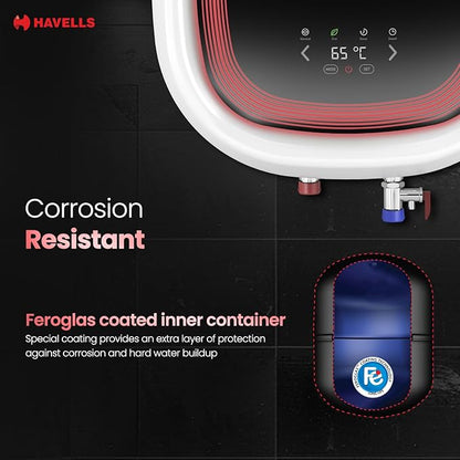 Havells Adonia Plus 25 Litre Storage Water Heater | Faster heating, Glass Coated Tank, Incoloy Glass Coated Heating Element | (Free Flexi Pipes, Installation, & Shock Safe Plug) With Remote | (White)