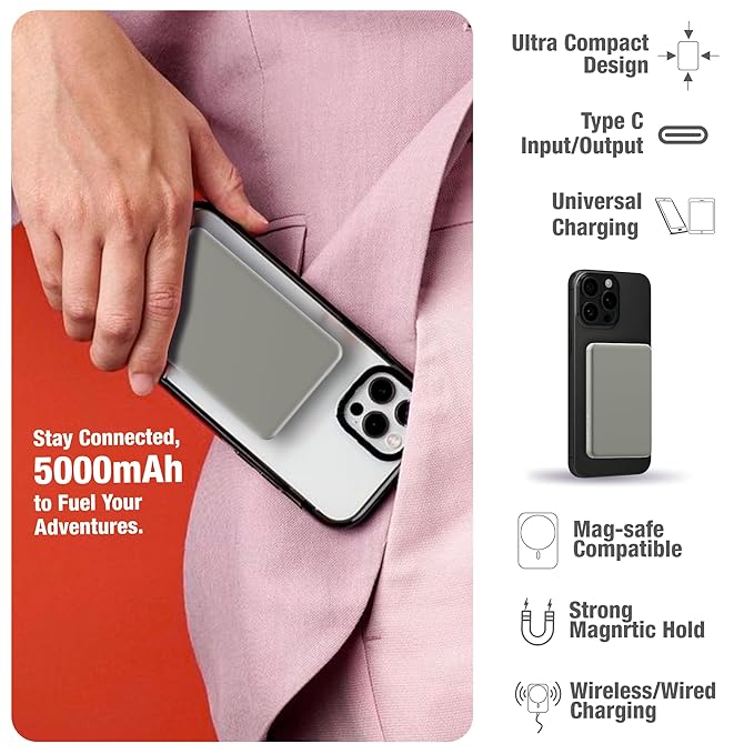 Muvtech Ultra Slim 15W Fast Charging | Strong Magnetic Hold | 20W Wired Charging | Compatible with i-Phone 15, 14, 13, 12 Series, and Other Magnetics Support Devices. (Natural Titanium, 5000mAh)