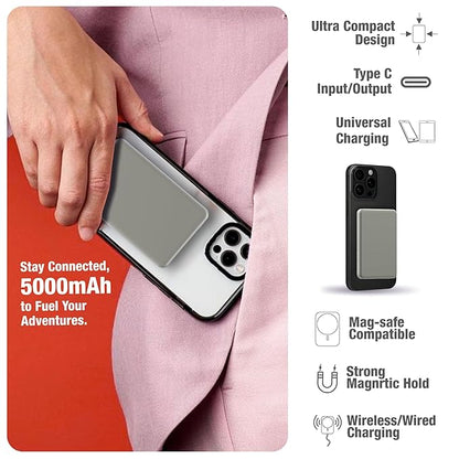 Muvtech Ultra Slim 15W Fast Charging | Strong Magnetic Hold | 20W Wired Charging | Compatible with i-Phone 15, 14, 13, 12 Series, and Other Magnetics Support Devices. (Natural Titanium, 5000mAh)