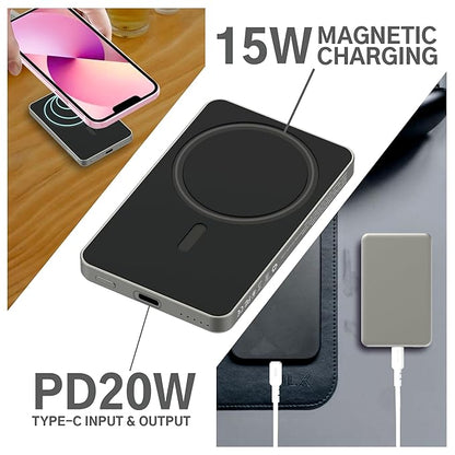 Muvtech Ultra Slim 15W Fast Charging | Strong Magnetic Hold | 20W Wired Charging | Compatible with i-Phone 15, 14, 13, 12 Series, and Other Magnetics Support Devices. (Natural Titanium, 5000mAh)