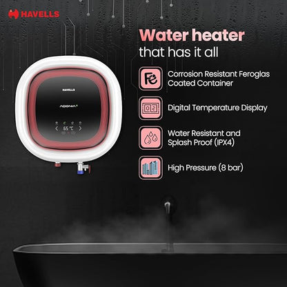 Havells Adonia Plus 25 Litre Storage Water Heater | Faster heating, Glass Coated Tank, Incoloy Glass Coated Heating Element | (Free Flexi Pipes, Installation, & Shock Safe Plug) With Remote | (White)