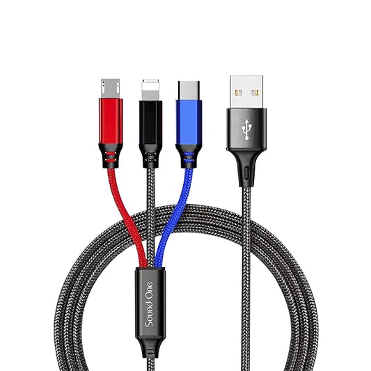 Sound One 2.4 Amp 3 in 1 Nylon Braided Multi USB Charging Cable for Micro USB, iOS & Type-C Devices 3.93 ft. (1.2 M) (Black)