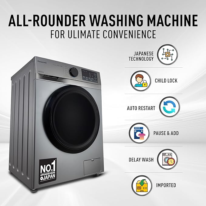 Panasonic 8 kg 5 Star Inverter Fully Automatic Front Loading Washing Machine (NA-148MH2L01, 2024 Model, Dark Silver, Steam, Drynamic Spin)