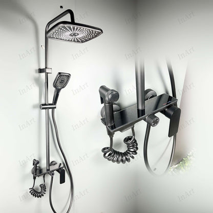 InArt Brass Wall Mount Shower Set, 4-Function Mixer Shower System with Hand Shower, Overhead Shower, and Jet Spray for Bathrooms Black Color SP060||Delivered and Installed in 90 minutes in Delhi/Ncr