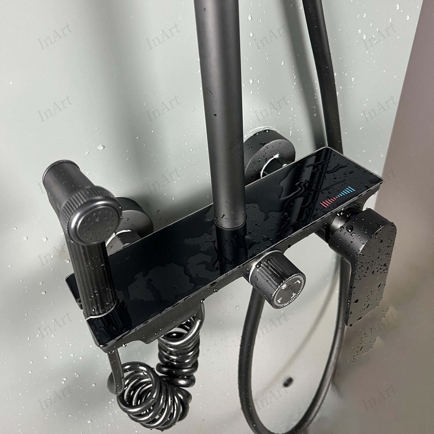 InArt Brass Wall Mount Shower Set, 4-Function Mixer Shower System with Hand Shower, Overhead Shower, and Jet Spray for Bathrooms Black Color SP060||Delivered and Installed in 90 minutes in Delhi/Ncr